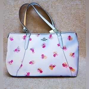 Coach Off-White Floral Shoulder Bag, Pink beige flowers, Silver/ Gold tone
